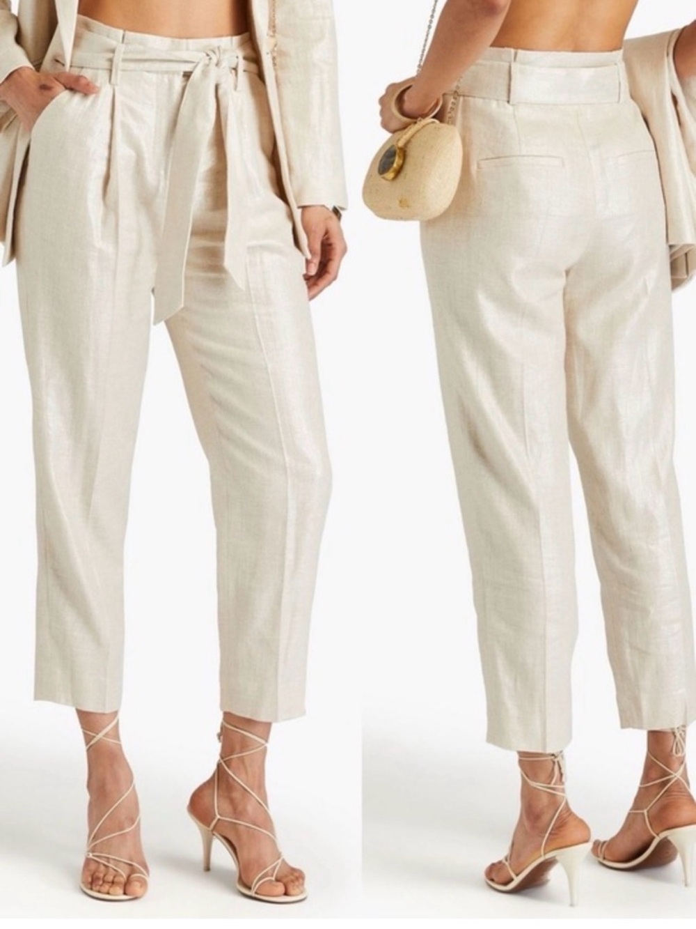 Veronica Beard Metallic Linen Blend Paperbag Waist Pants Size 10 Cream Beige